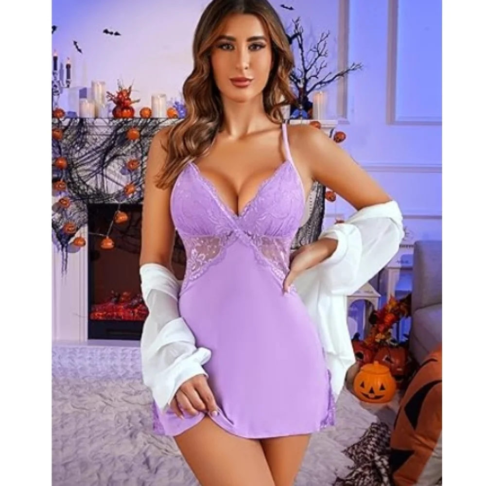 Nightie Lingerie Lace Chemise Sleepwear Babydoll Teddy Nighty Light Purple